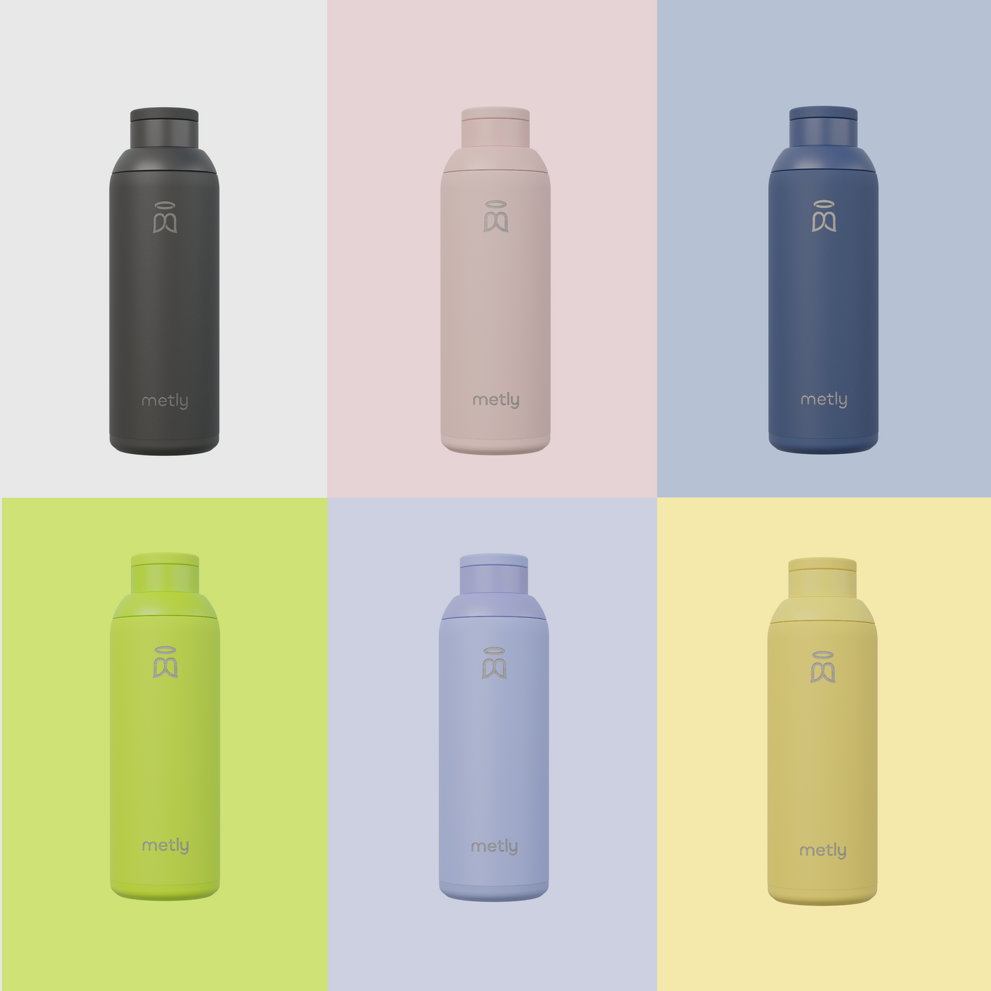 Collection of 500ml filtered water bottles from the OG Edition in charcoal, blush pink, denim blue, electric green, perriwinkle, and custard yellow