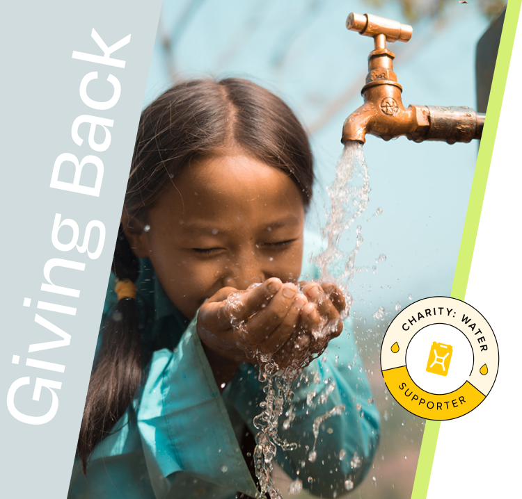 A young girl joyfully drinks water from a tap, symbolizing the impact of Charity: Water's efforts in providing clean water to communities in need, with the Charity: Water logo visible