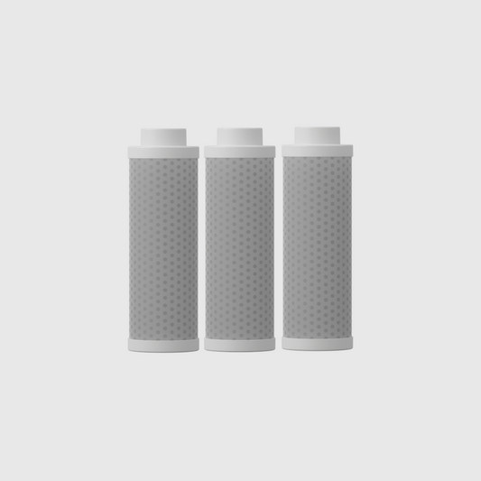 Pack of three Metly active carbon fibre filters for 500ml water bottles, designed to remove impurities, metals, and chemicals like lead and chlorine, ensuring pure water for six months.