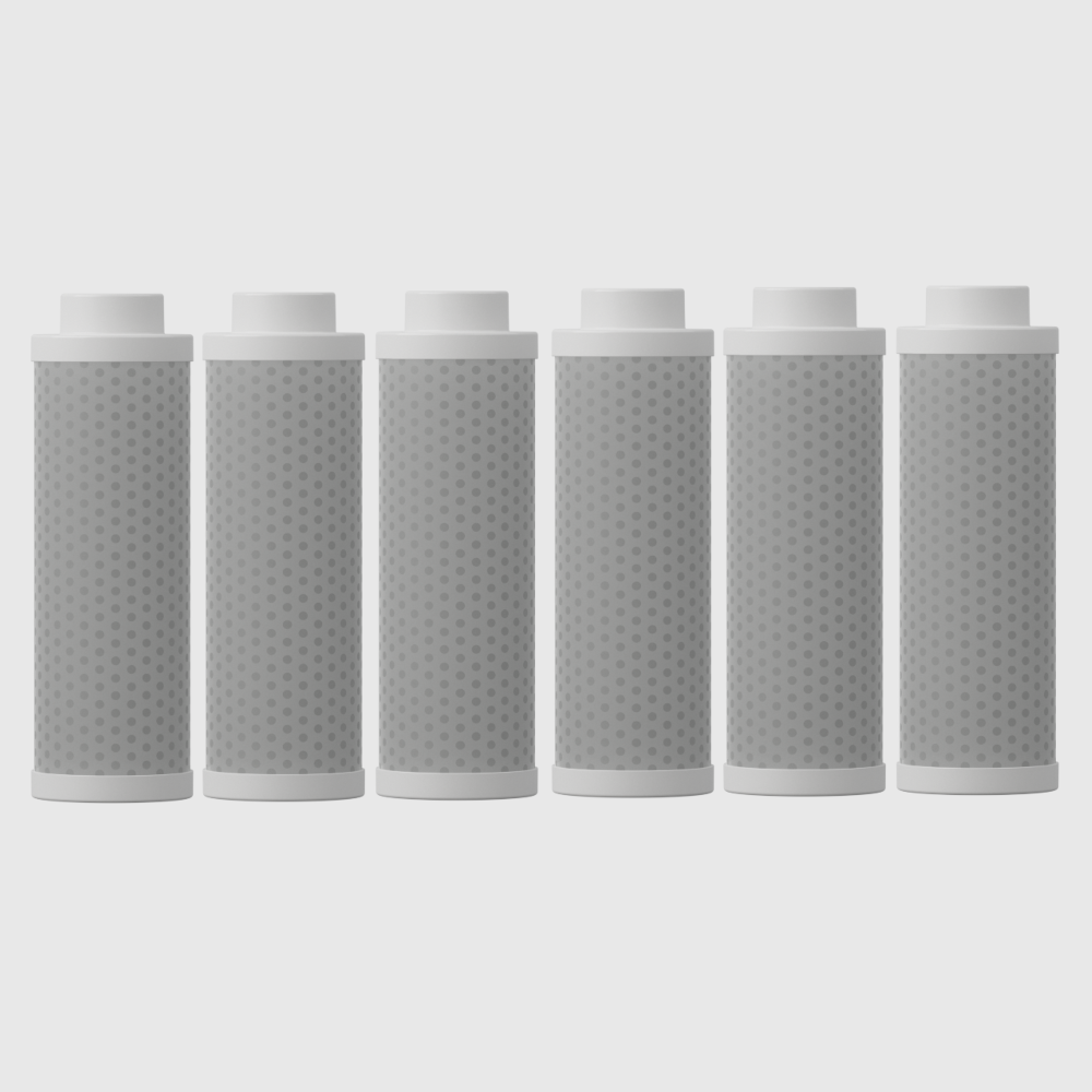 Pack of six Metly active carbon fibre filters for 500ml water bottles, designed to efficiently remove impurities, metals, and chemicals like lead and chlorine, ensuring pure water for one year