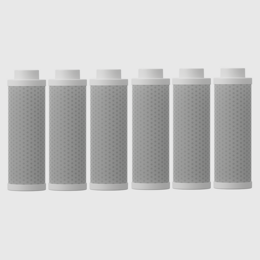 Pack of six Metly active carbon fibre filters for 500ml water bottles, designed to efficiently remove impurities, metals, and chemicals like lead and chlorine, ensuring pure water for one year