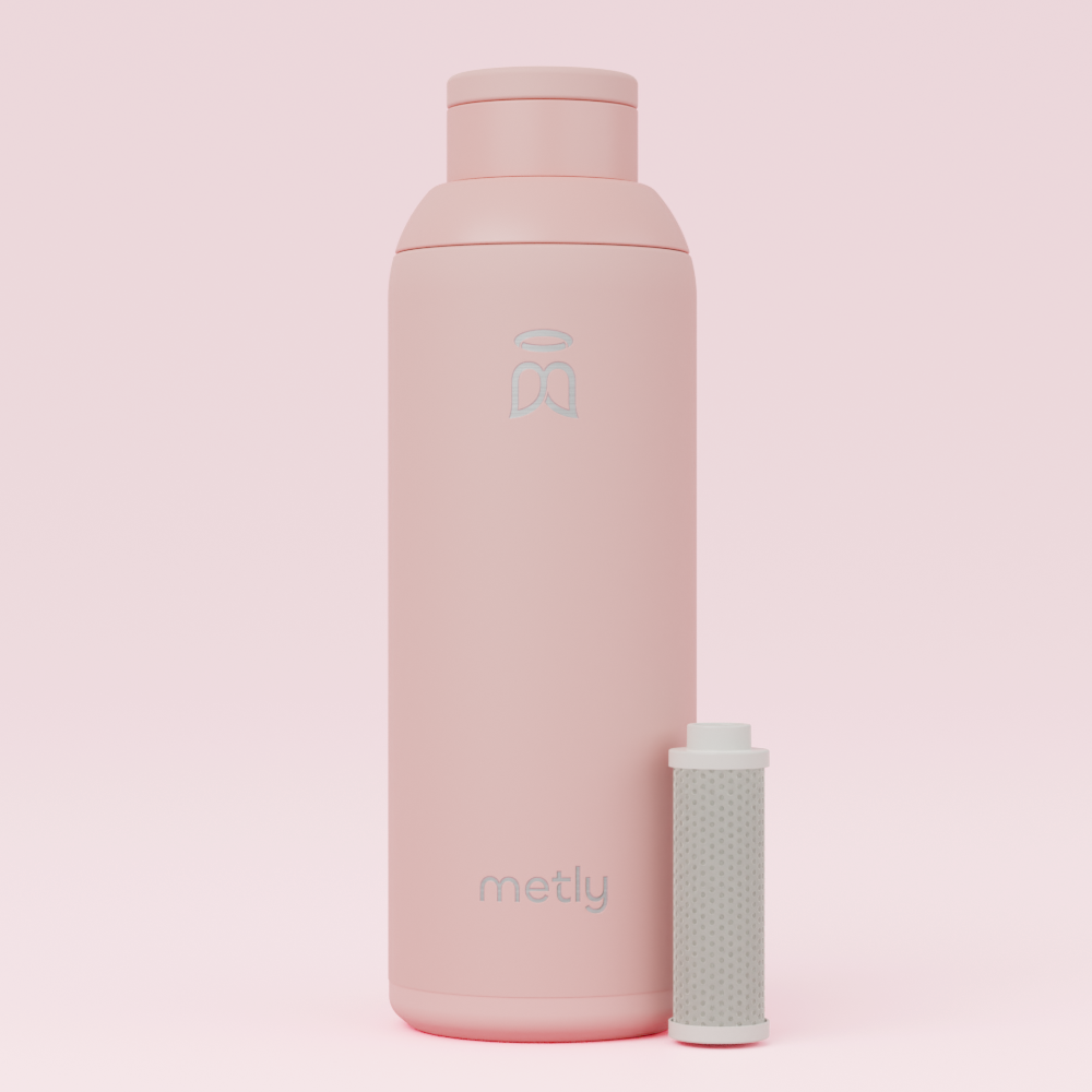 Blush pink 500ml stainless steel filtered water bottle with visible carbon filter, BPA-free.