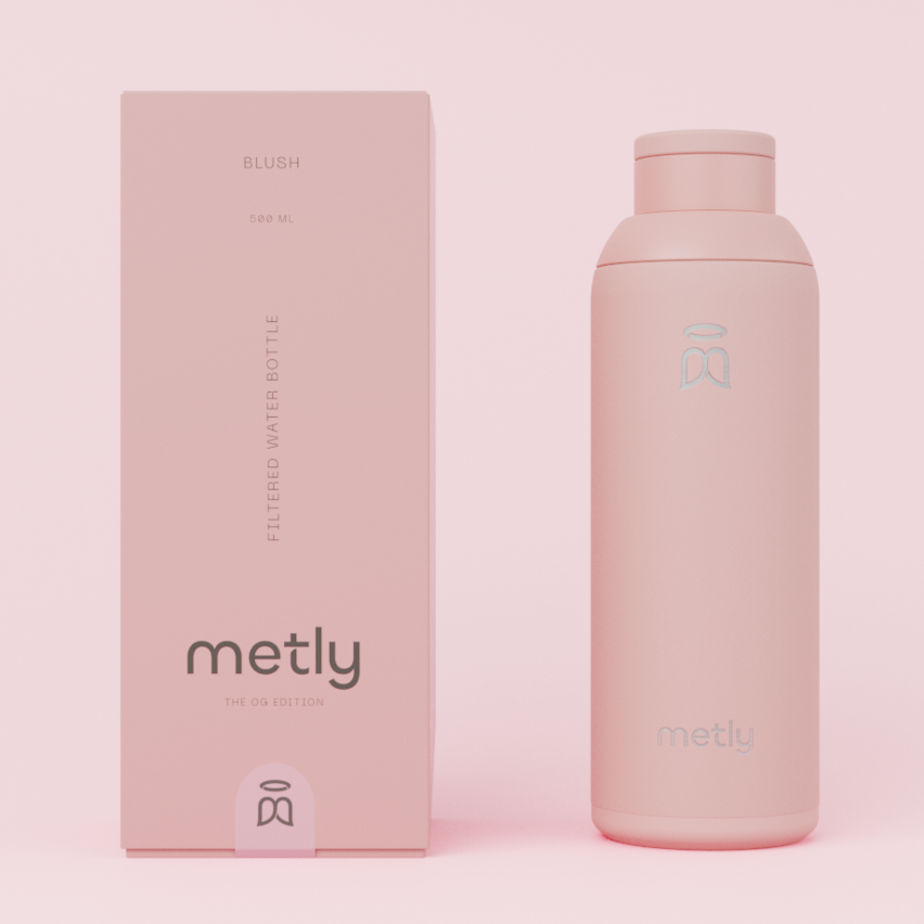 Blush 500ml filtered water bottle next to its matching pink packaging, highlighting the OG Edition branding and capacity