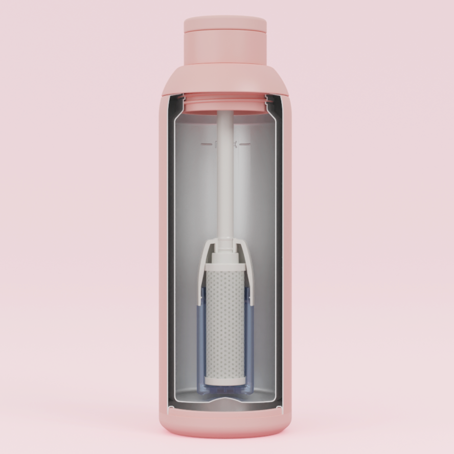 Internal cutaway of blush 500ml filtered water bottle showcasing the carbon filter and stainless steel casing