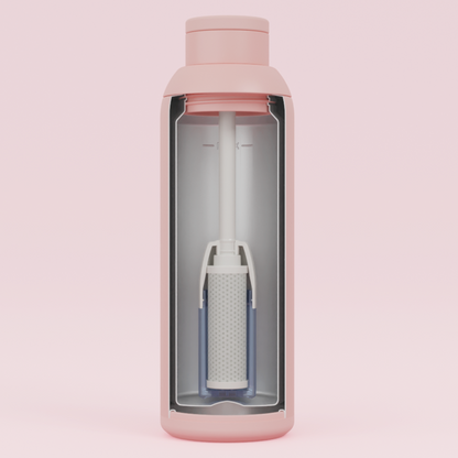 Internal cutaway of blush 500ml filtered water bottle showcasing the carbon filter and stainless steel casing