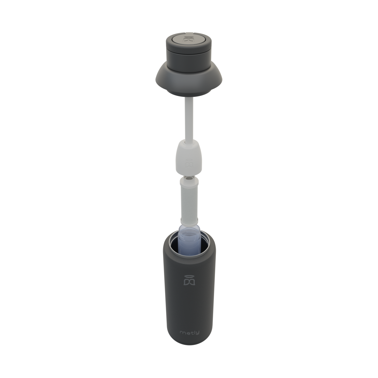 Metly water bottle filter replacement mechanism displayed in an internal view, highlighting the filter assembly and its components for effective impurity removal.