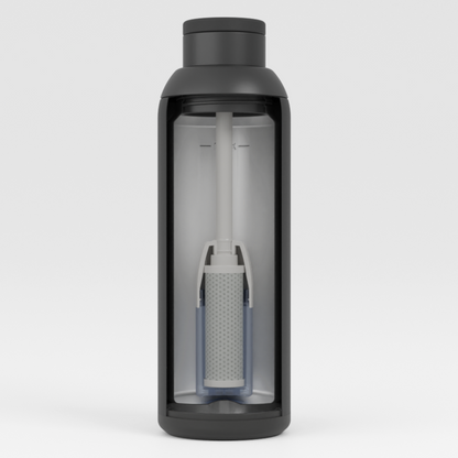 Internal view of Metly Charcoal 500ml filtered water bottle, highlighting the active carbon filter system within a high-grade stainless steel structure.