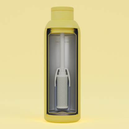 Internal view of Metly Custard 500ml filtered water bottle, showcasing the active carbon filter within the high-grade stainless steel body