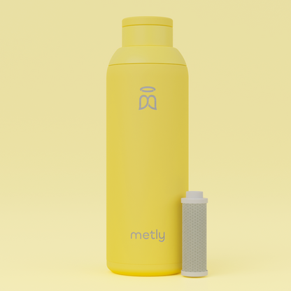 Metly Custard 500ml filtered water bottle in vibrant yellow with visible carbon filter, crafted from high-grade recycled stainless steel, BPA-free