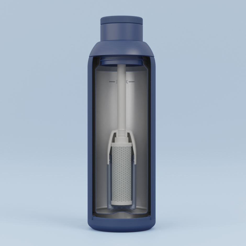 Internal view of Metly Denim 500ml filtered water bottle, showcasing the active carbon filter within the high-grade stainless steel body for effective purification.