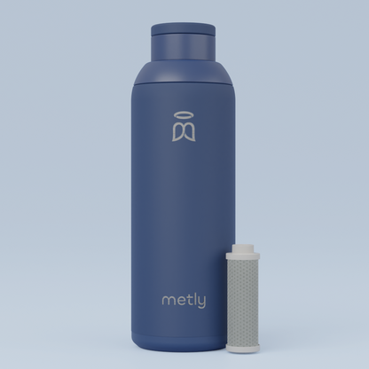 Metly Denim 500ml filtered water bottle in deep blue with visible carbon filter, crafted from high-grade recycled stainless steel, BPA-free