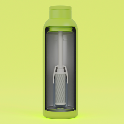 Internal view of Metly Electric 500ml filtered water bottle, showcasing the active carbon filter within the high-grade stainless steel body for effective purification in vibrant lime green.