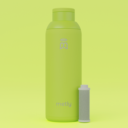 Metly Electric 500ml filtered water bottle in vibrant lime green with visible carbon filter, crafted from high-grade recycled stainless steel, BPA-free