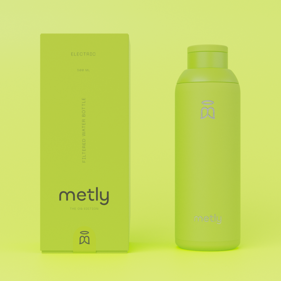 Metly Electric 500ml filtered water bottle displayed next to its matching vibrant lime green packaging, featuring the OG Edition branding and specifying a 500ml capacity