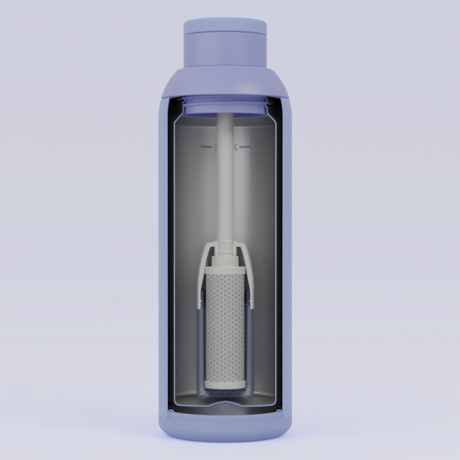 Internal view of Metly Periwinkle 500ml filtered water bottle, showcasing the active carbon filter and high-grade stainless steel design.