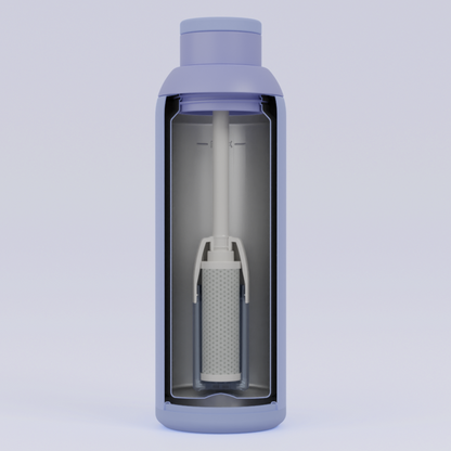 Internal view of Metly Periwinkle 500ml filtered water bottle, showcasing the active carbon filter and high-grade stainless steel design.