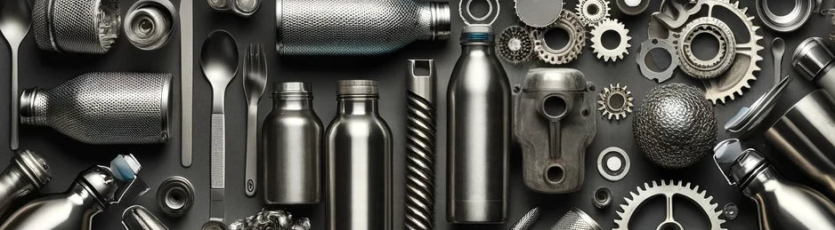 A diverse collection of stainless steel products and components, including water bottles, cutlery, gears, and mechanical parts, showcasing Metly's use of recycled materials